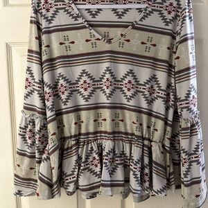 Simply Southern Gray and Red Patterned V-Neck Blouse
